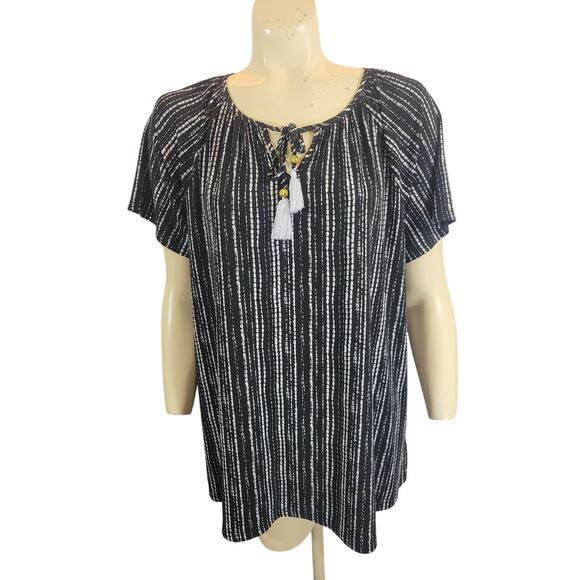 Rafaella Short Sleeve Blouse top Black & White Striped Tassled Medium - Picture 1 of 7